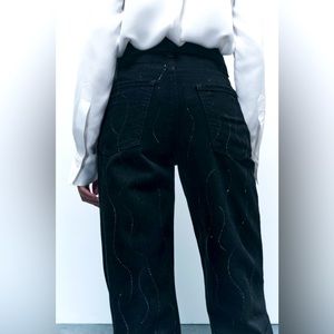 ZARA STRAIGHT CUT MID RISE RHINESTONE JEANS ZW COLLECTION NEW WITH TAGS BLACK